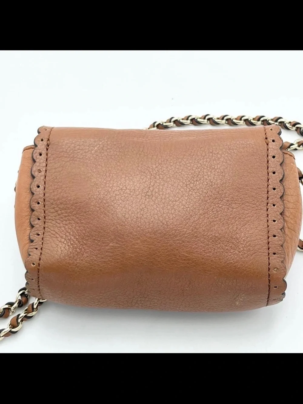 Mulberry Tan Leather Scalloped Flap Crossbody with Chain Strap